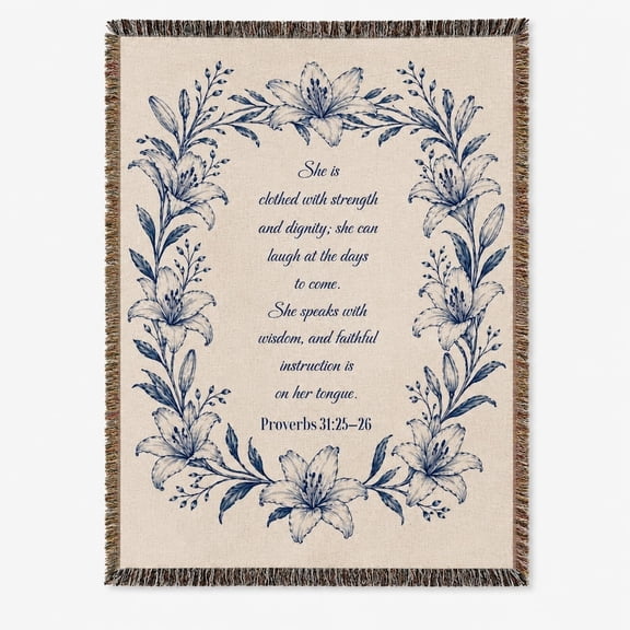 Woven Cotton Throw Blanket with Fringe – Blue Floral Lily & Scripture Verse Design