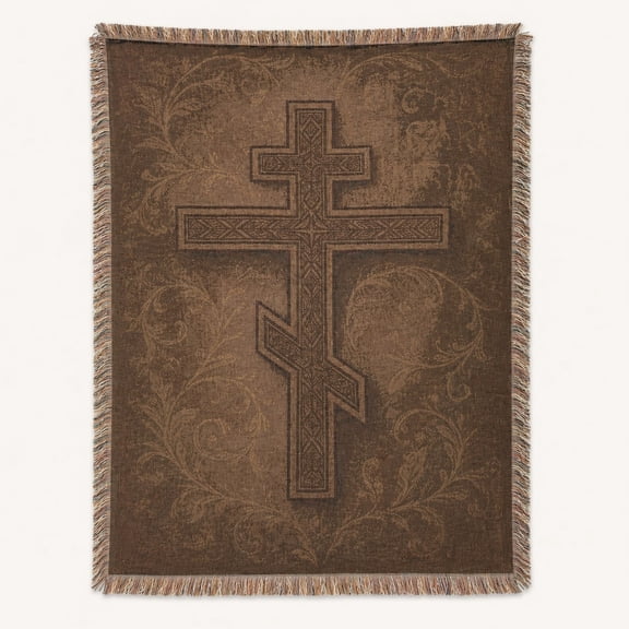 Woven Cotton Throw Blanket with Fringe, Brown Ornamental Cross Design