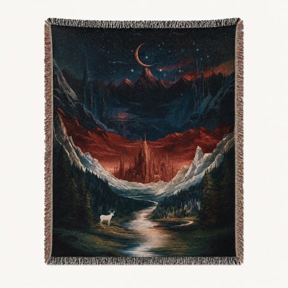 Woven Cotton Throw Blanket with Fringe, Fantasy Mountain Moon Design