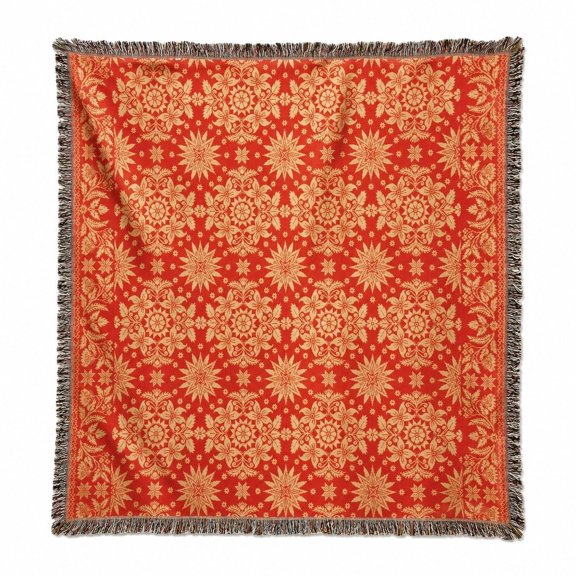 Woven Cotton Throw Blanket with Fringe, Red Floral Star Pattern