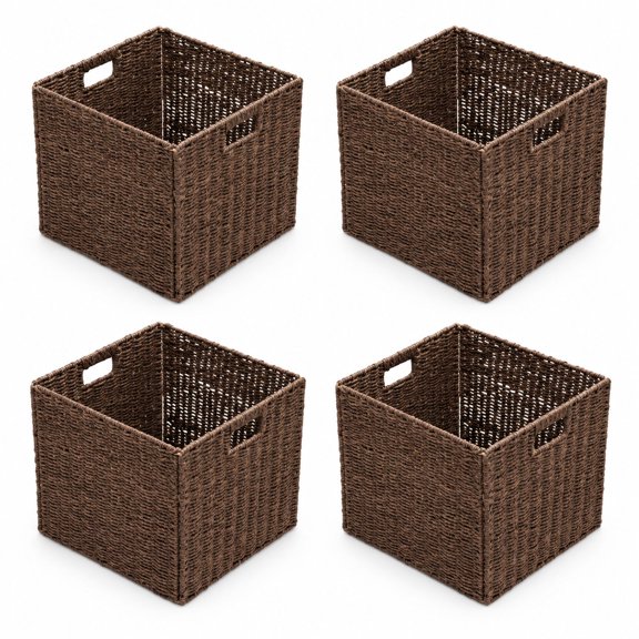 Woven Cube Storage Baskets with Handles, Set of 4, Foldable, 13" L x 13" W x 13" H, Brown Paper, for Bedroom and Living Room Organizers