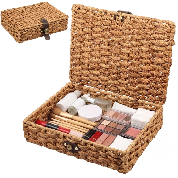 Woven Decorative Box with Lid, Wicker Storage Basket for Shelf, Farmhouse Coffee Table Organizer(Small)