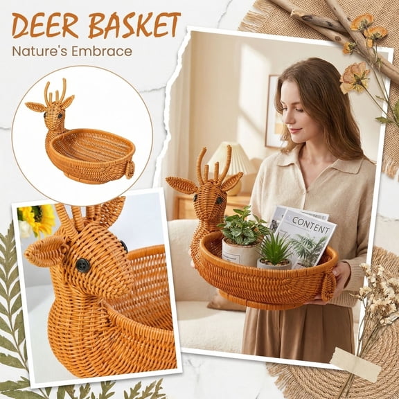 Woven Deer Basket for Fruit, Decorative Boho Animal Tray for Tabletop, Handcrafted Faux Rattan Snack Holder with Texture, Minimalist Novelty Key Organizer for Entryway and Shelf