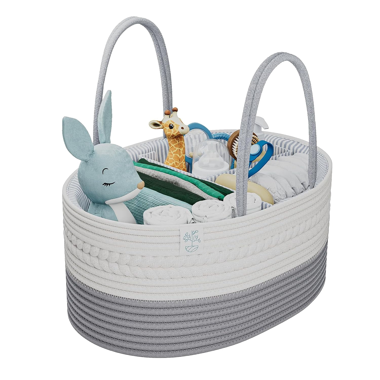Woven Diaper Caddy Basket with Handle Lid, Diaper Caddy Basket with Dividers for Baby Boy/Girl Nursery, Baby Gift, Gray, Large