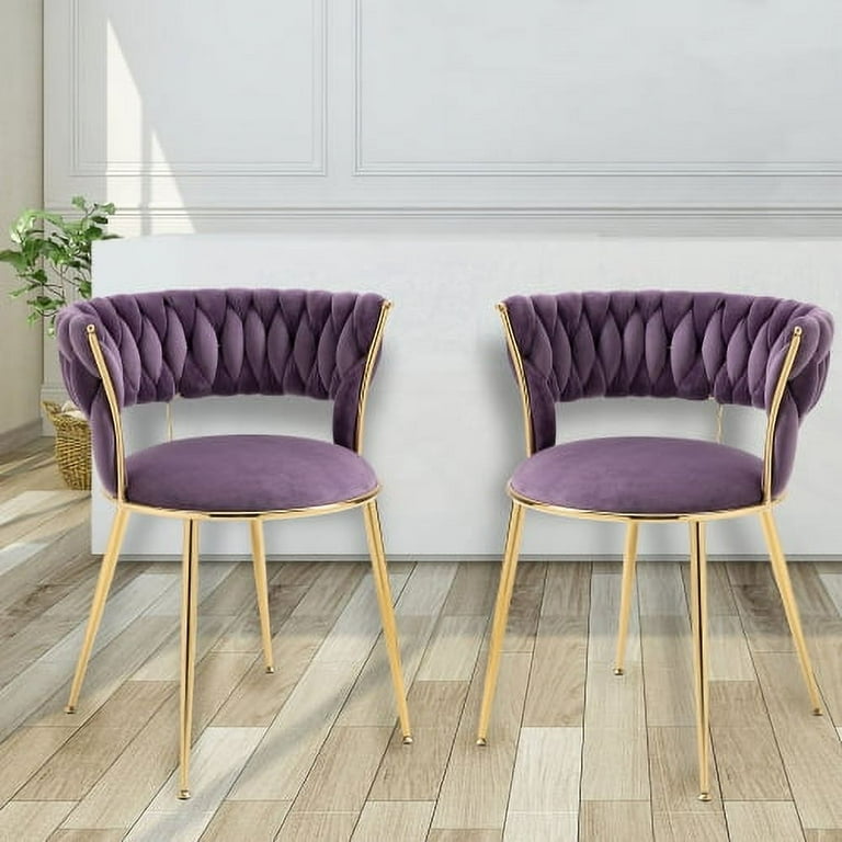 Set of Woven Dining Chairs, Velvet with Gold Legs, Modern Accent