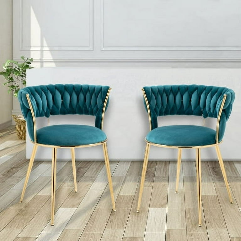 Woven Dining Accent Living Metal Modern Chairs Dining Kitchen Velvet 2, with Upholstered of Set for Gold Room, Chairs (Teal) Chairs Dining Room, Legs