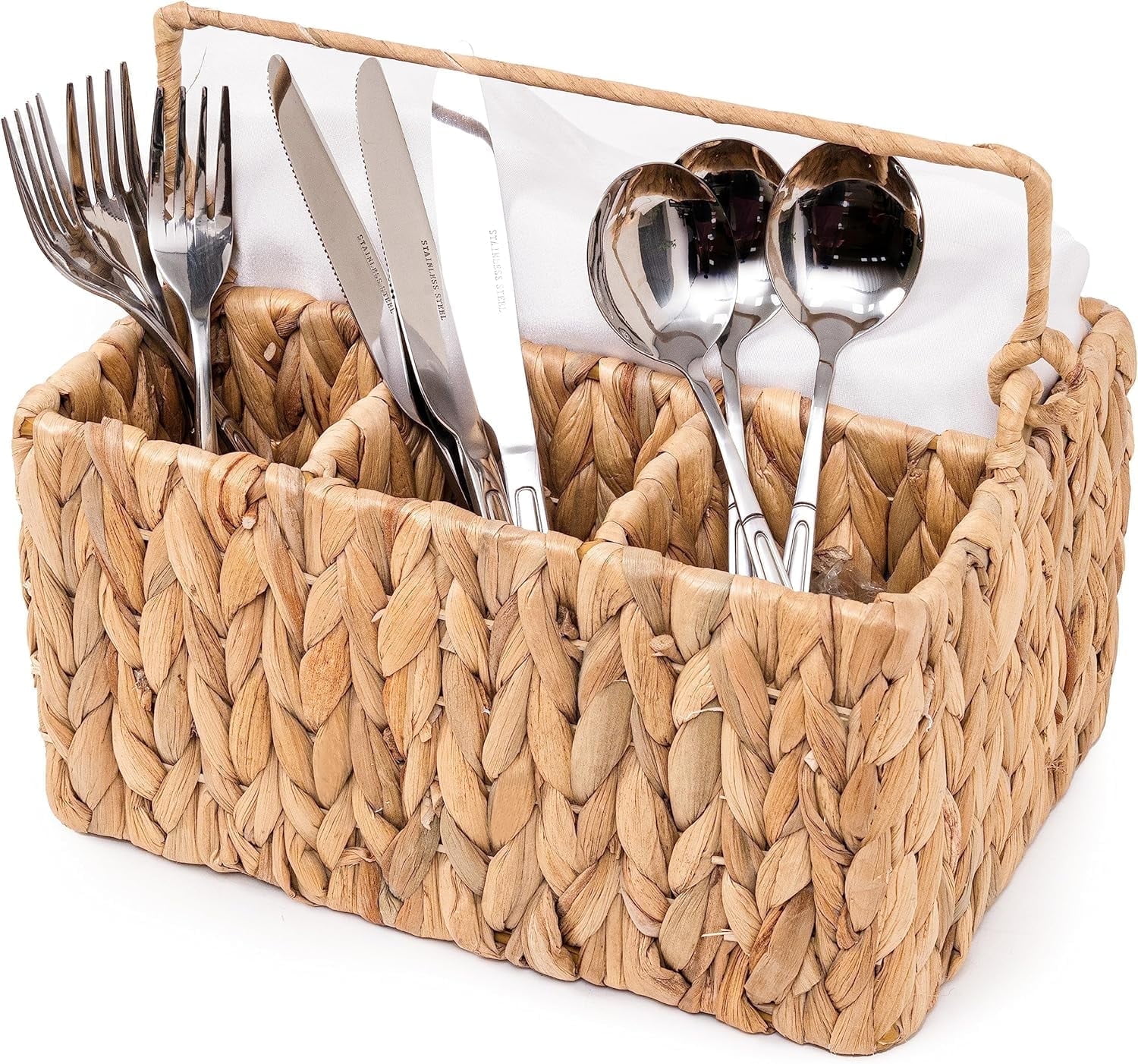 Woven Divided Cutlery Storage Organizer, Wicker Flatware Organizer,Rectangular Basket Holder for Kitchen Table, Cabinet, Pantry - Utensil Caddy for Forks, Knives, Spoons, 10 x 7.9 x 5.9 inches