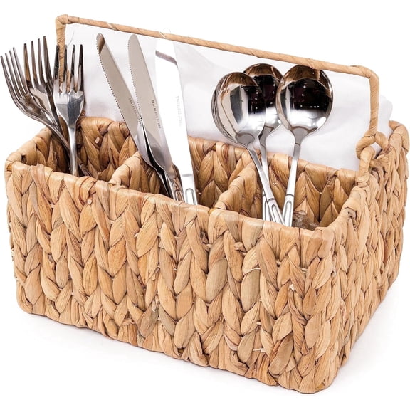 Woven Divided Cutlery Storage Organizer, Wicker Flatware Organizer,Rectangular Basket Holder for Kitchen Table, Cabinet, Pantry - Utensil Caddy for Forks, Knives, Spoons, 10 x 7.9 x 5.9 inches