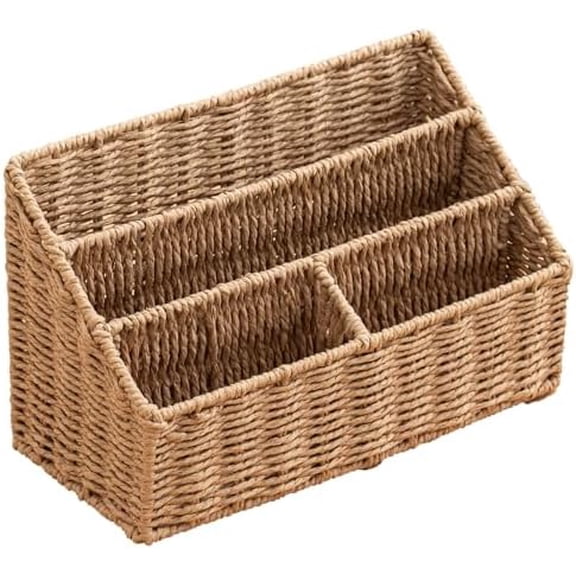 Woven Divided Storage Basket Desk Organizer Tabletop Mail Holder Countertop Paper Woven Basket Home Office Supplies (4 Compartments)