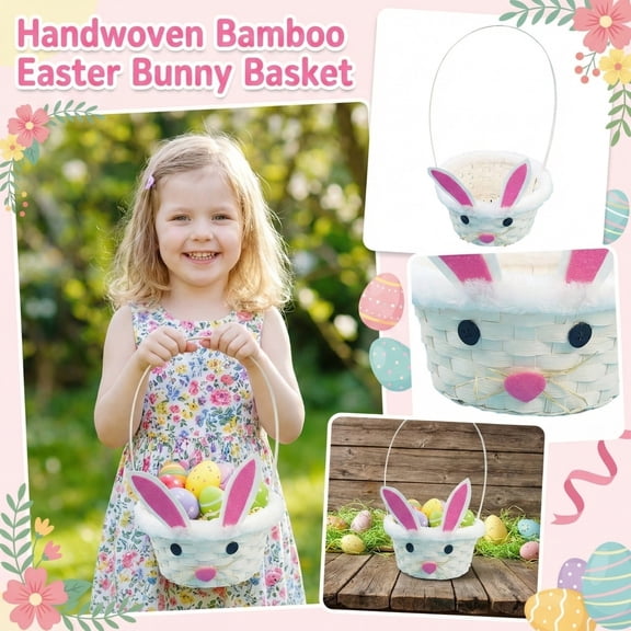 Woven Easter Bamboo Basket with Rope Handles Wicker Easter Basket with Raffia Paper Filler Cute Rabbit Picnic Hamper for Egg Hunt Party Gifts