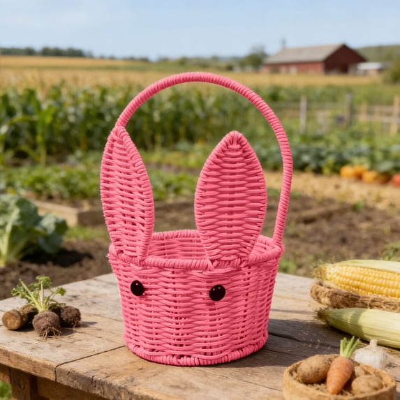 Woven Easter Basket with Handles, Imitation Rattan Easter Bunny Baskets with Cute Rabbit Ears, Easter Egg Hunt Bucket for Picnic Wedding Easter Decorations Gifts