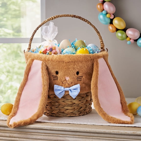 Woven Easter Basket with Plush Bunny Liner, Decorative Easter Gift Basket for Kids