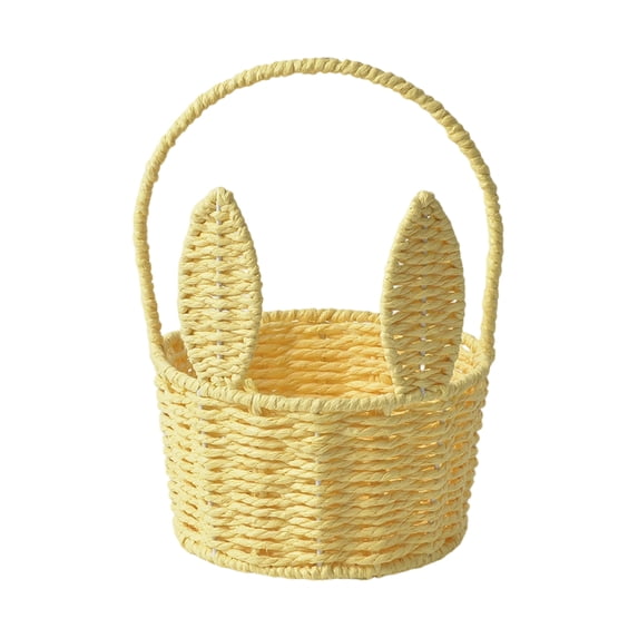 Woven Easter Bunny Basket - Eco-Friendly Rattan Handwoven Easter Basket with Bunny Ears, Perfect for Easter Decor, Easter Gifts, Storage, and Home/Desk Decor, Yellow