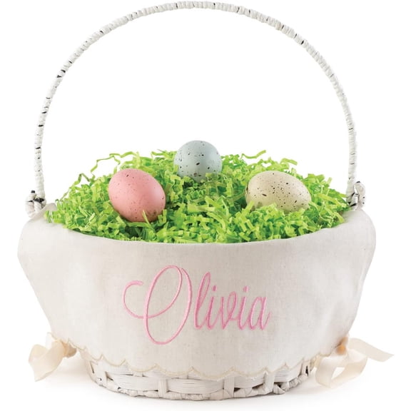 Woven Easter Egg Basket With Handle, Scallop Edge Linen Liner, Custom Name in Pink Script, White Basket for Kids and Adults, Personalized Gift Basket