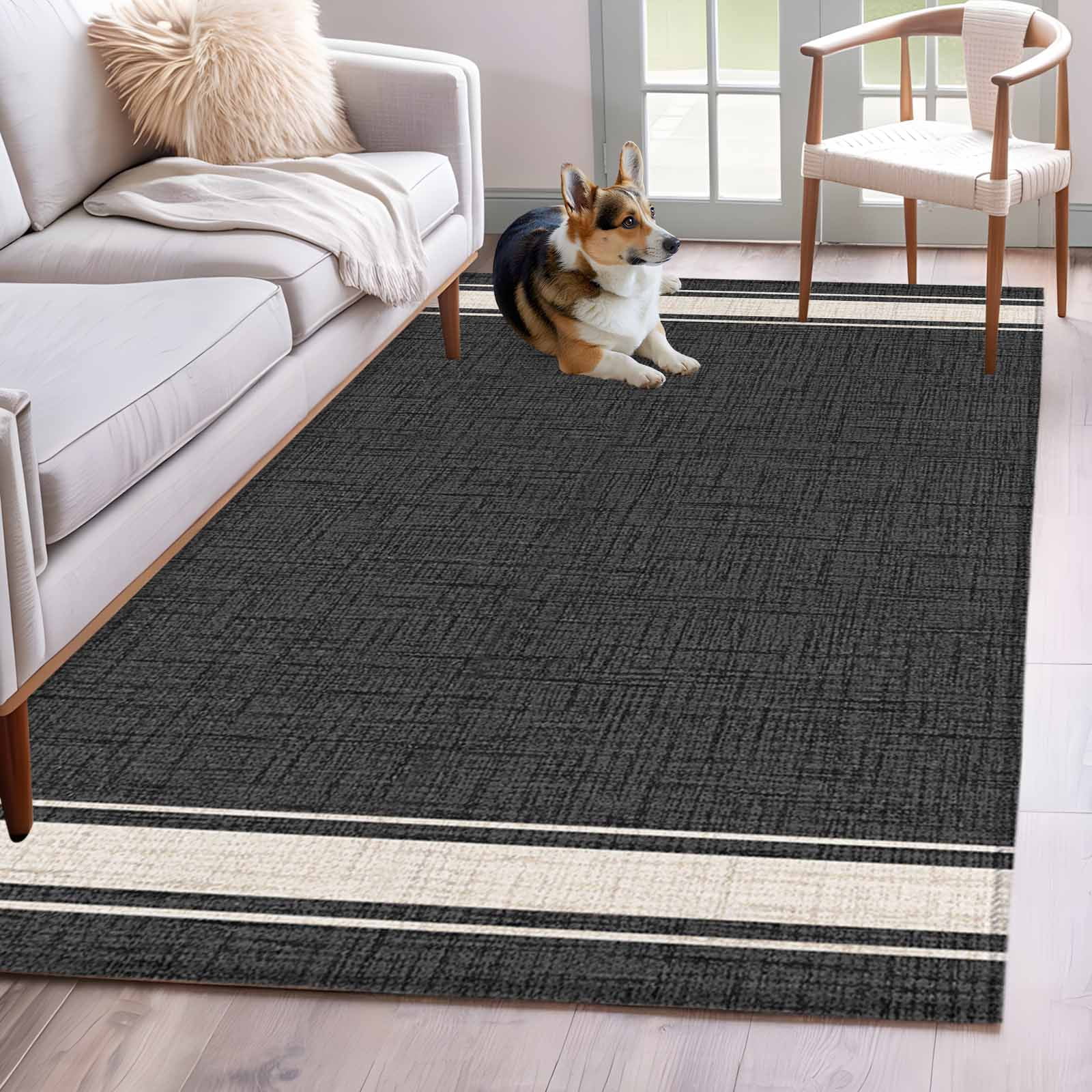 Woven Fabric Area Rugs 2.7x5ft Rustic Vintage Beige Stripe Charcoal ...