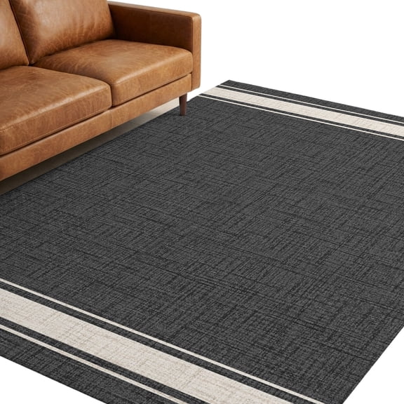 Woven Fabric Washable Area Rug 5 x 8 ft Rustic Vintage Beige Stripe Charcoal Linen Texture Soft Non‑Slip Rugs Stain Repellent Indoor Mats for Spacious Family Room, Long Dining‑Table, Sunroom
