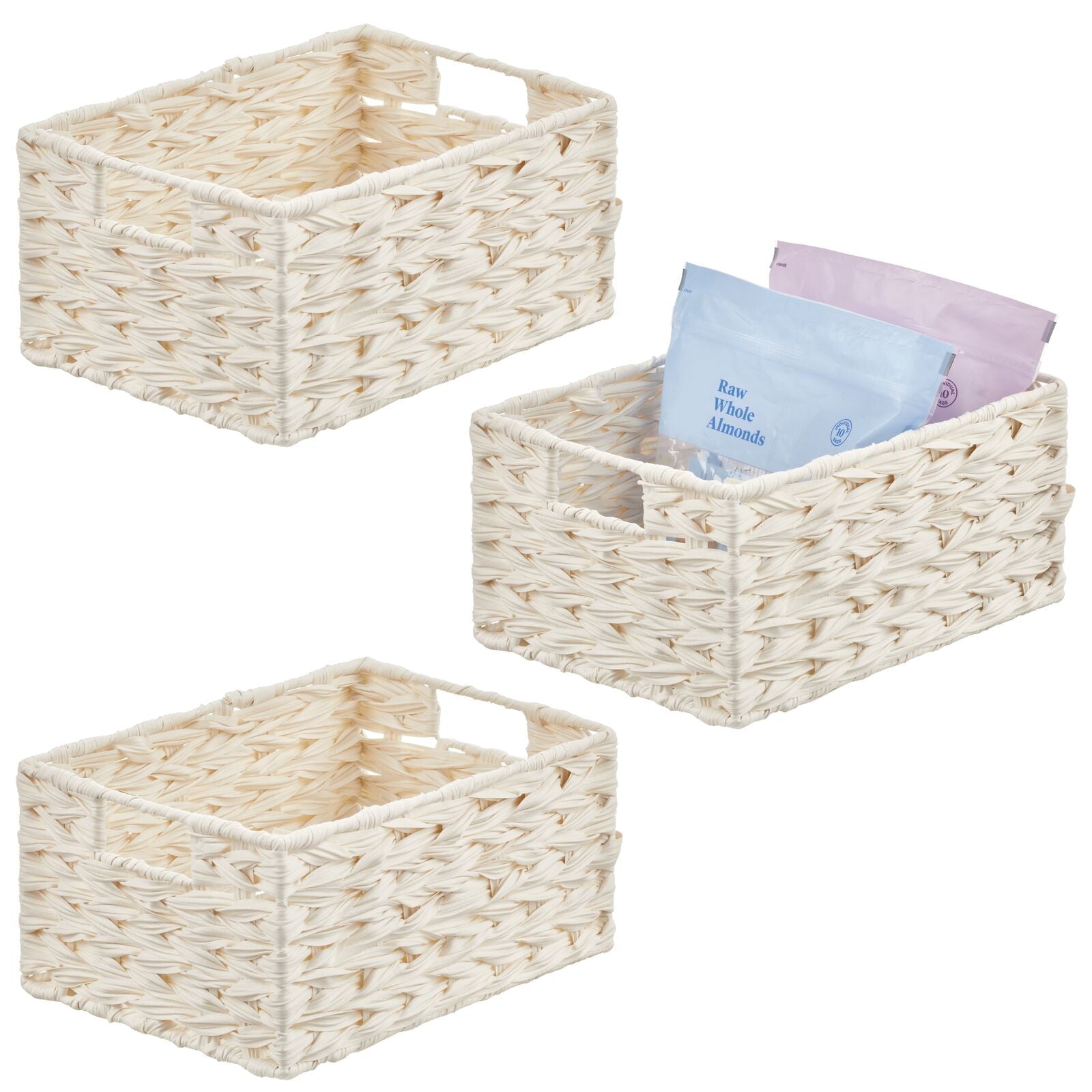 Woven Farmhouse Kitchen Pantry Food Storage Basket Box, 3 Pack, White ...