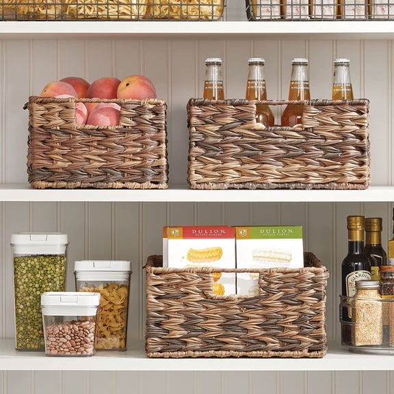 Woven Farmhouse Kitchen Pantry Food Storage Organizer Basket Bin Box - Container Organization for Cabinets, Cupboards, Shelves, Countertops - Store Potatoes, Onions, Fruit, 3 Pack, Brown Ombre