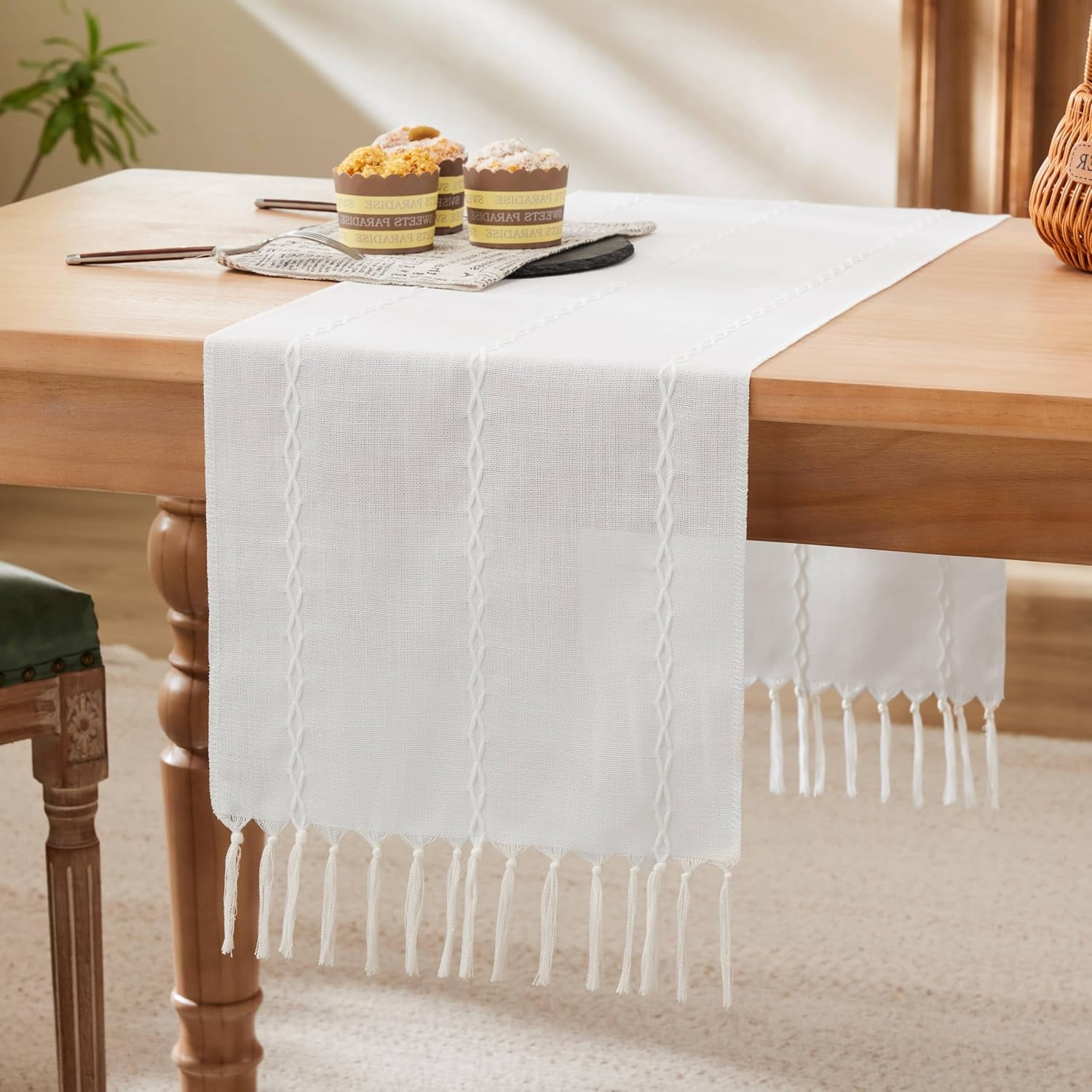 Woven Farmhouse Table Runner, Woven White 13x60 Inch, Cotton Linen ...