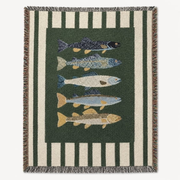 Woven Fish Throw Blanket, Rustic Lake House Cotton Tapestry Throw with Fringe, Cabin & Coastal Decor, Fishing Lover Gift