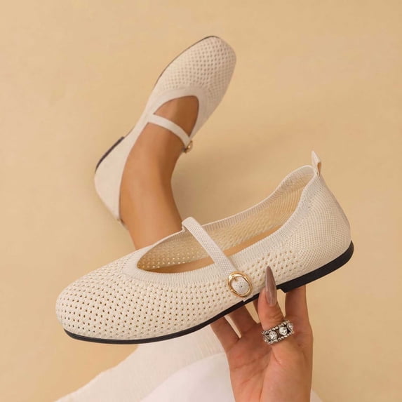 Woven Flats for Women Ballet Flats Faux Leather Mary Jane with Buckle Strap, Casual Office Woven Ballerina, Soft All-Day Comfy Dressy Shoes Beige 8.5