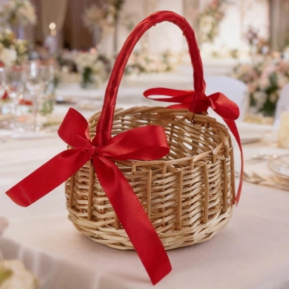 Woven Flower Basket Elegant Rustic Bows Large Capacity Lightweight Portable Basket for Storage,Weddings and Picnic (Red, 15cmx24cm)