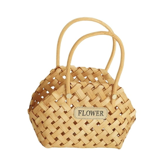 Woven Flower Basket Rustic Small Decorative Woodchip Basket Handmade Wicker Basket Gift Basket for Display Snack Wedding Stuff Pantry Toy Light Brown