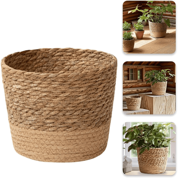 Woven Flower Pot Basket, Seagrass Storage Organizer Planter, Rustic Decorative Plant Containers Cover Laundry Bin for Porch Living Room Entryway,4.33in(S)