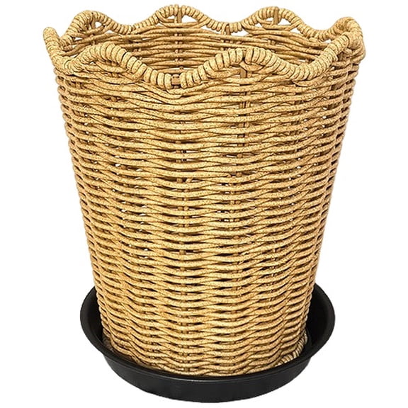 Woven Flower Pot, Decorative Planter, Natural Rattan Tapered Flower Basket Container with Saucer and Artificial Flowers Set for Living Room Windowsill Office Tabletop