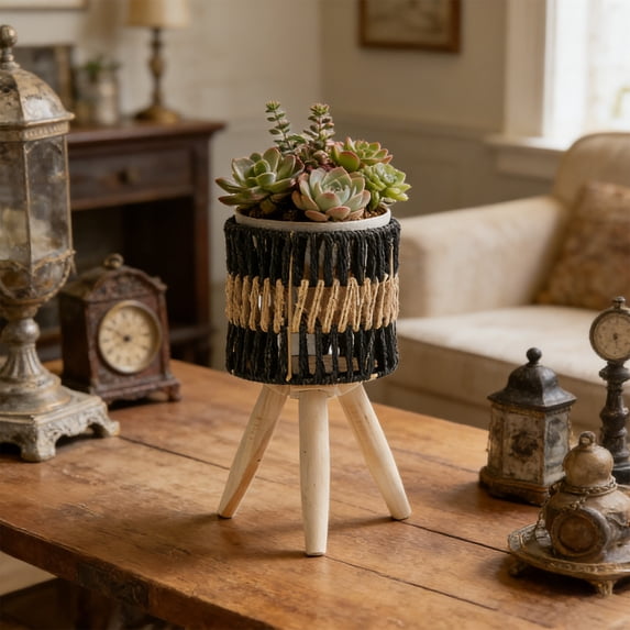 Woven Flower Pot Stand, Indoor Balcony Wooden Plant Rack for Home Decor, Layered Space-Saving Design for Flower Pots and Potted Plant Display in Living Room and Patio