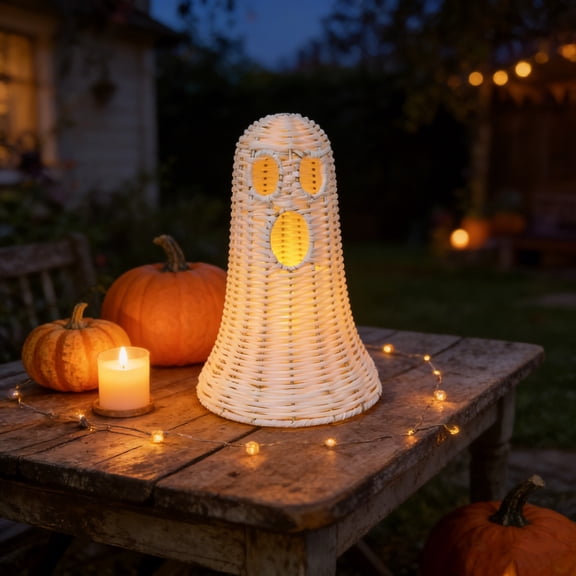 Woven Ghost Halloween Ornament, Handcrafted Breathable Wicker Ghost Decor, Cute Hollow Face Standing Statue for Sofa Window Sill Autumn Holiday Styling, Halloween Party Indoor Tabletop Decoration