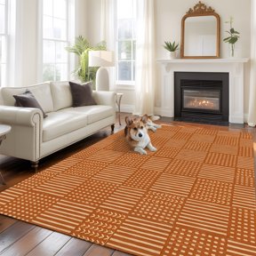 Woven Grid Large Area Rugs 6x9ft Minimalist Gingham Orange Rectangular Block Stripe Washable Rug, Non Slip Indoor Carpet Absorbent Floor Mat for Living Room Bedroom Dining Room