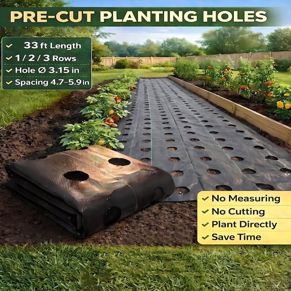 Woven Ground Cover Fabric with Planting Holes, 2 ft x 33 ft UV Resistant Weed Control Mat for Backyard Farming