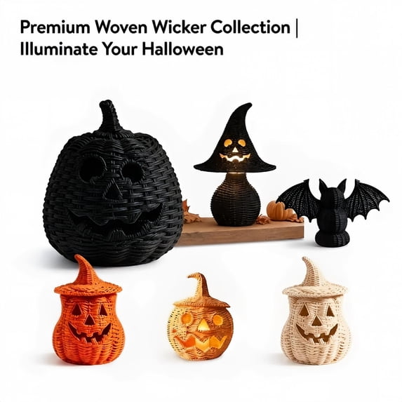 Woven Halloween Decoration Wicker,Pumpkin Lantern,Witch Hat Lamp & Bat Table Decorations,Rustic Jack-O'-Lantern Candle Holders for Fall Home,Mantel,Shelf & Table Decor