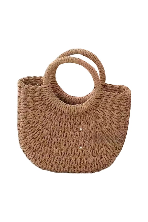 Woven Handbag,Portable Half‑Moon with Round Ring Handle for Summer Beach Daily Use,Khaki