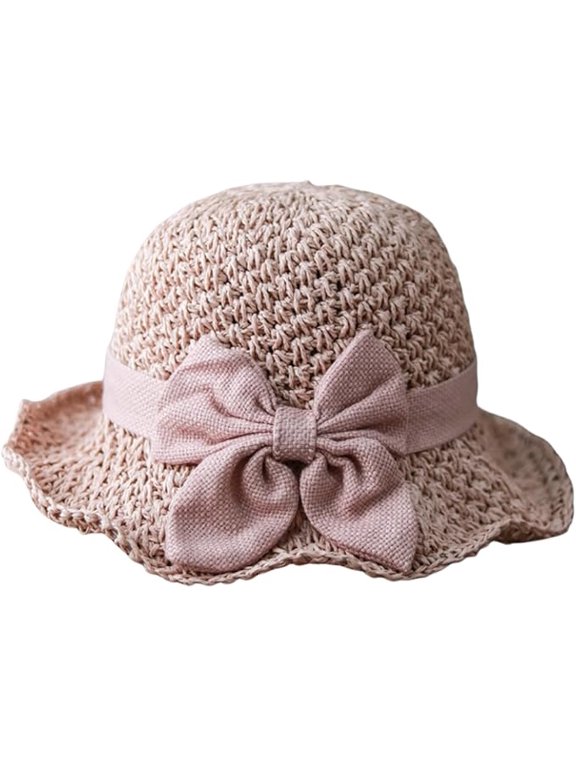 Woven Handmade Straw Hat with Ruffled Bow Wide Brim Foldable Breathable Crochet Bucket Sun Women