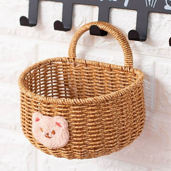 Woven Hanging Basket With Handle Rustic Wall Hanging Storage Basket For Home Office Organizing Farmhouse Artificial Rattan Flower Bin Kitchen Wall Mount Organizer For Ginger Garlic
