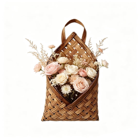 Woven Hanging Basket for Wall Decor, Handmade Flat Wall Basket for Door Entryway, Natural Wall Planter for Dry Flower, Farmhouse Hanging Storage Basket for Home Kitchen