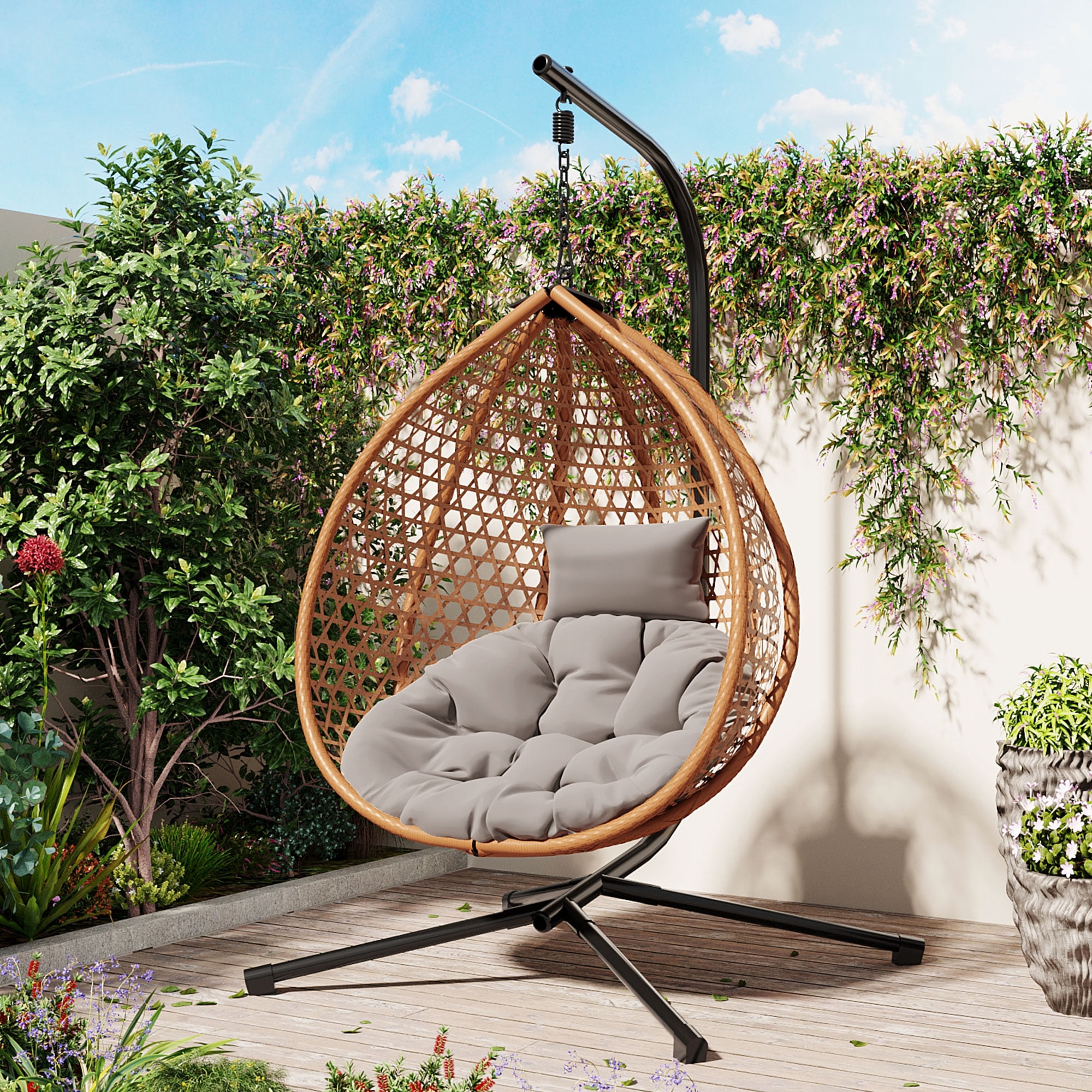 Woven Hanging Egg Chair With Stand, Sturdy Outdoor Swing Chair for Balcony Bedroom, Light Gray