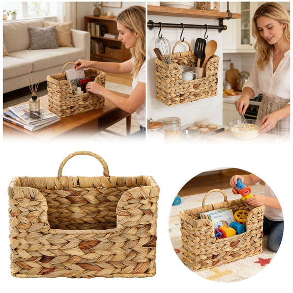 Woven Hanging Magazine Holder, Water Hyacinth Magazine Basket, Wall Mounted Storage Basket for Books & Files, Wall File Organizer Magazine Rack with Handle for Home & Office, Beige, 11.81x7.87 Inch