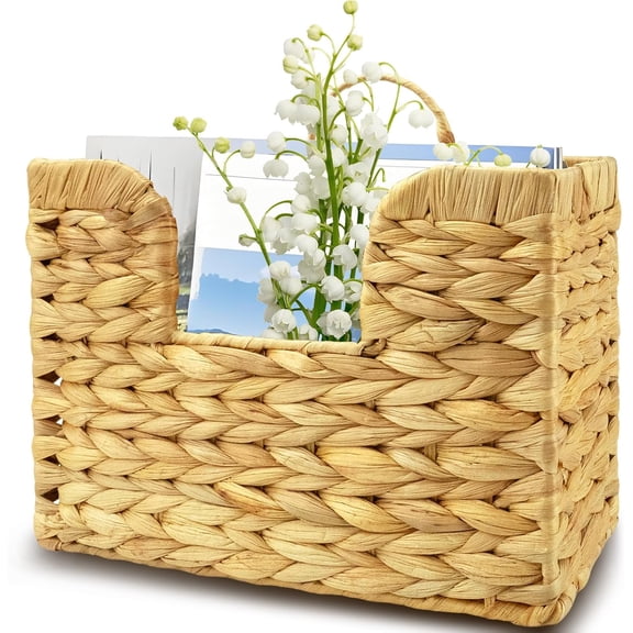 Woven Hanging Magazine Holder, Water Hyacinth Mail Basket Wall Mounted with Handle for Book, Files Bathroom, Home, Office