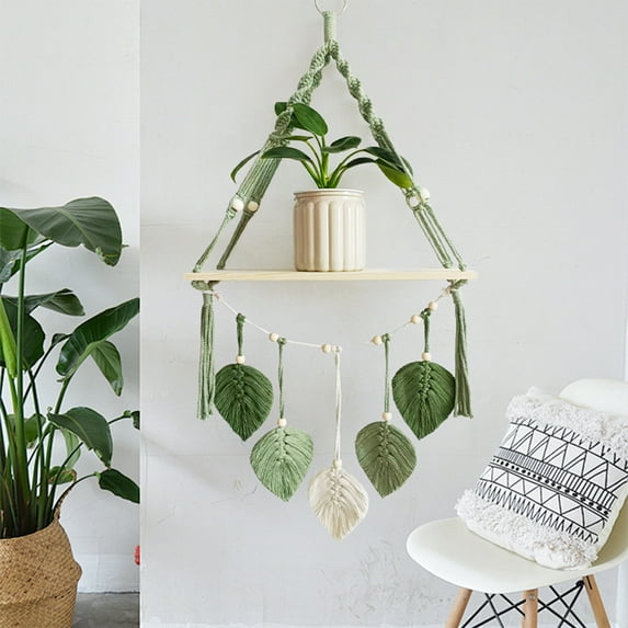 Woven Hanging Plant Shelf Floating Wooden Wall Rack for Indoor Plants, Flowerpots, Decor Display, Boho Bedroom, Kitchen Storage, Bathroom Decor, Macrame Tassel Style