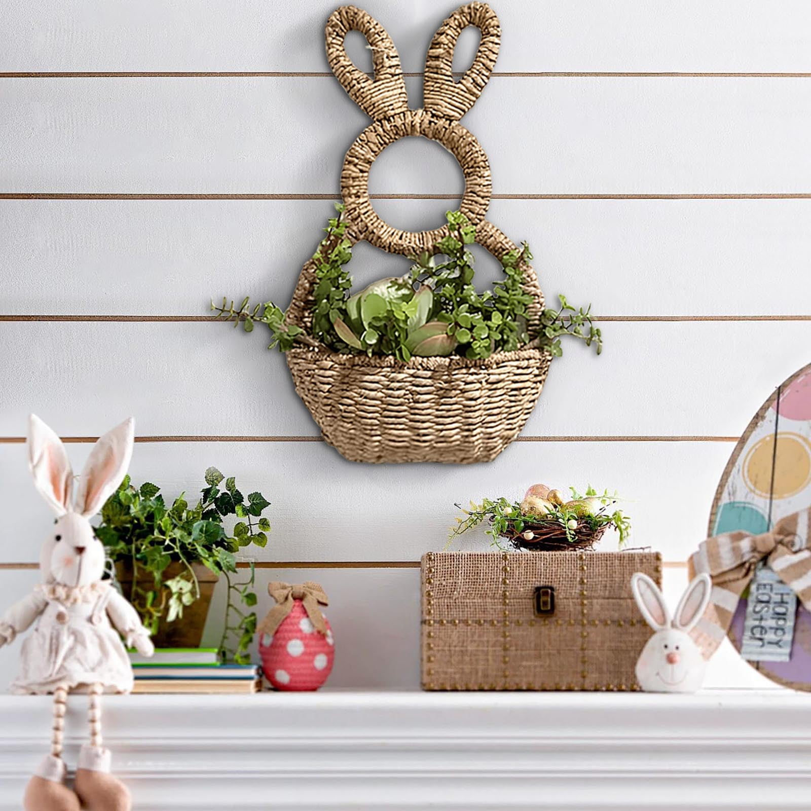 Woven Hanging Wicker Basket for Front Door, Easter Bunny Hanging Basket with Artificial Handmade Plants for Home,Farmhouses,Indoor,Porch,Room,Garden Decors(8.6x15inch)