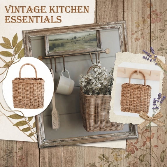 Woven Hanging Wicker Basket for Door, Handmade Rattan Hanging Wall Baskets for Garden Farmhouse Home