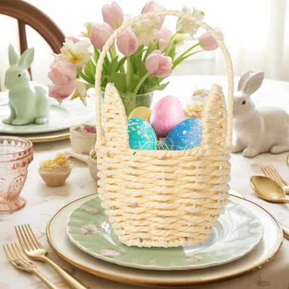 Woven Iron Wire Easter Bunny Basket for Egg Candy Storage Gift Presentation Holiday Spring Decor and Party Centerpiece