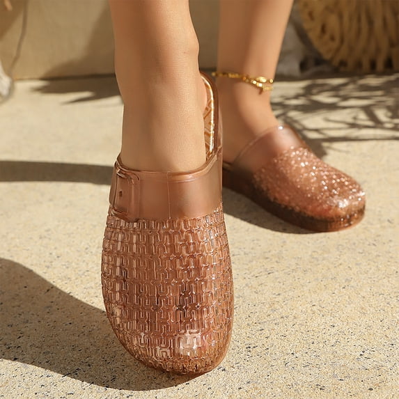 Woven Jelly Closed-Toe Slide Sandals, Breathable Plastic Garden Clogs, Women Crystal Hollow Slip-On House Slippers, Non-Slip Waterproof Bathroom Shower Shoes Beach Sandals, Yellow 6