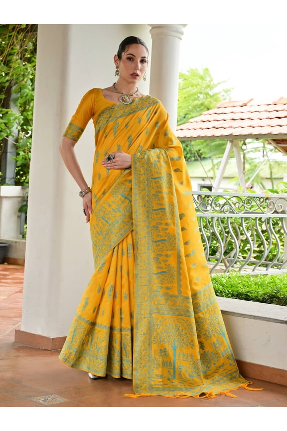 Woven Kalamkari Pallu Raw Silk Saree For Festive Wear – Yellow