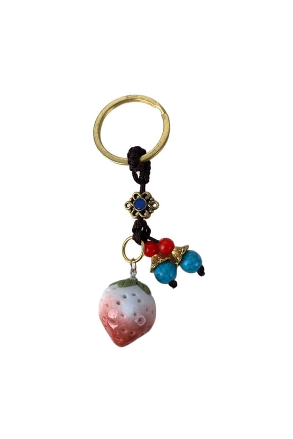 Woven Keychain With Strawberry Ceramic Charm Ethnic Styles Decorative Accent For Backpack Keys And Everyday Carry Items