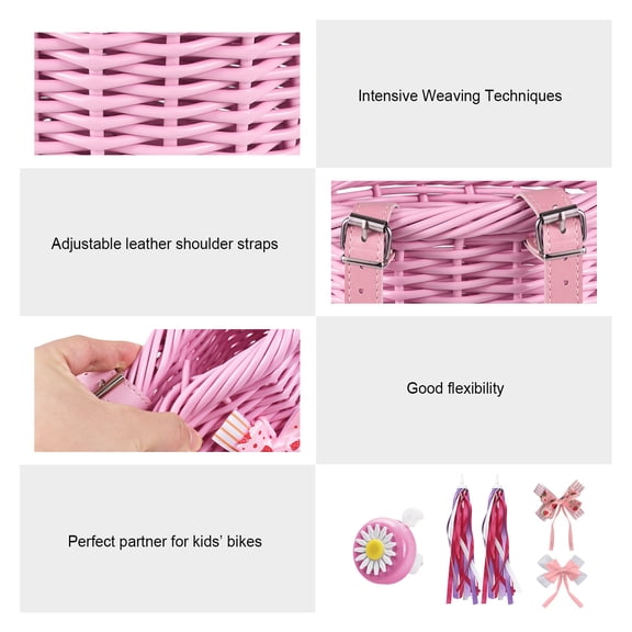 Woven Kid's Bike Basket For Girls Front Bike Accessories With Handlebar Streamers Cycle Ages 3-13 DIY Bike Decoration Accessories Kit Scooter Basket