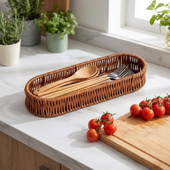 Woven Kitchen Storage Basket, Large Rattan Flatware Caddy, Kitchen Utensil Holder, Cutlery Organizer, Restaurant Table Decor for Restaurant, Kitchen Knives Forks Spoons Storage